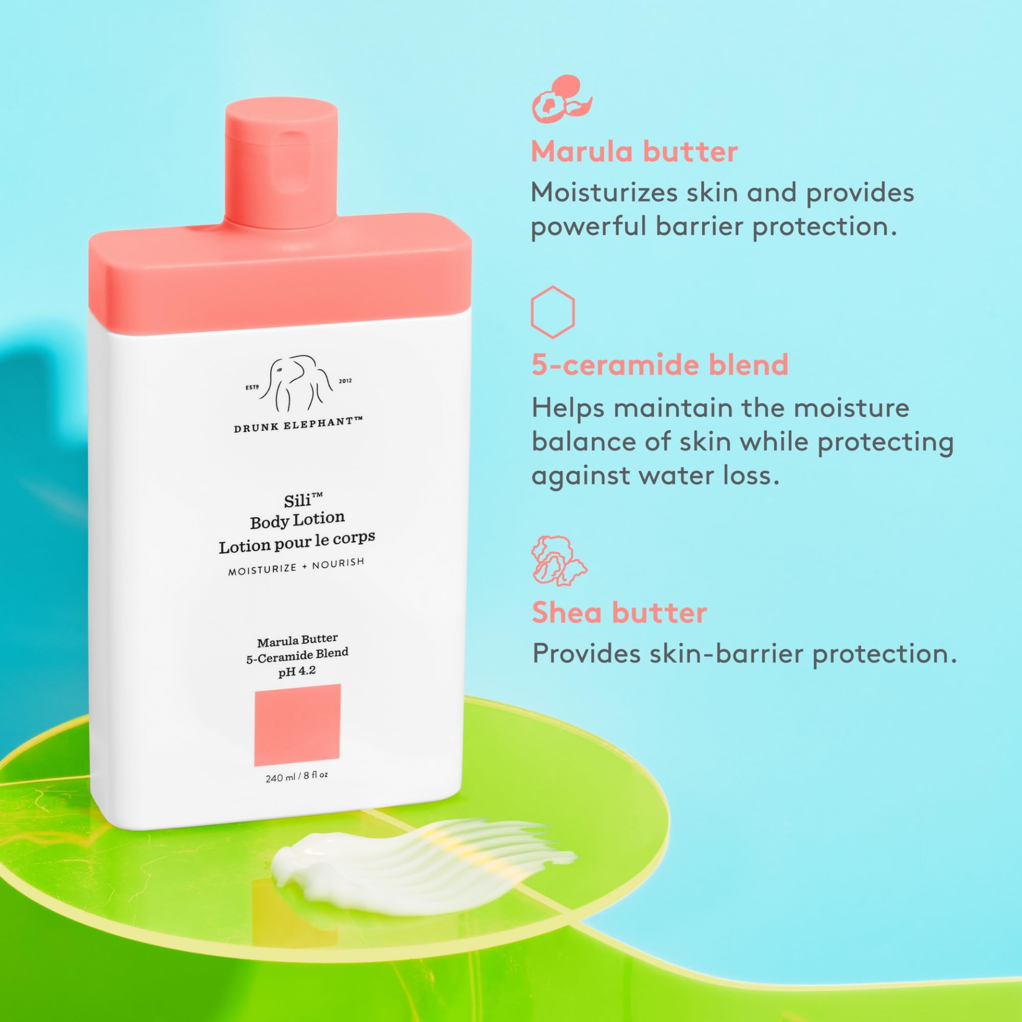 Drunk Elephant Sili Body Lotion with marula butter for barrier protection.