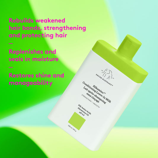 Application scene of Drunk Elephant Silkamino leave-in milk on damp hair.