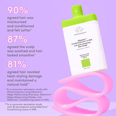 Close-up of Drunk Elephant Silkamino leave-in milk smoothing hair.