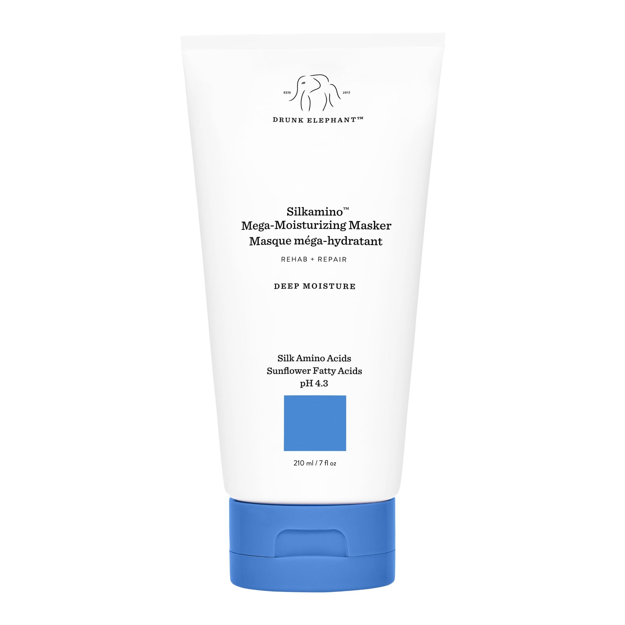 Drunk Elephant Silkamino Masker bottle close-up highlighting moisture boost.