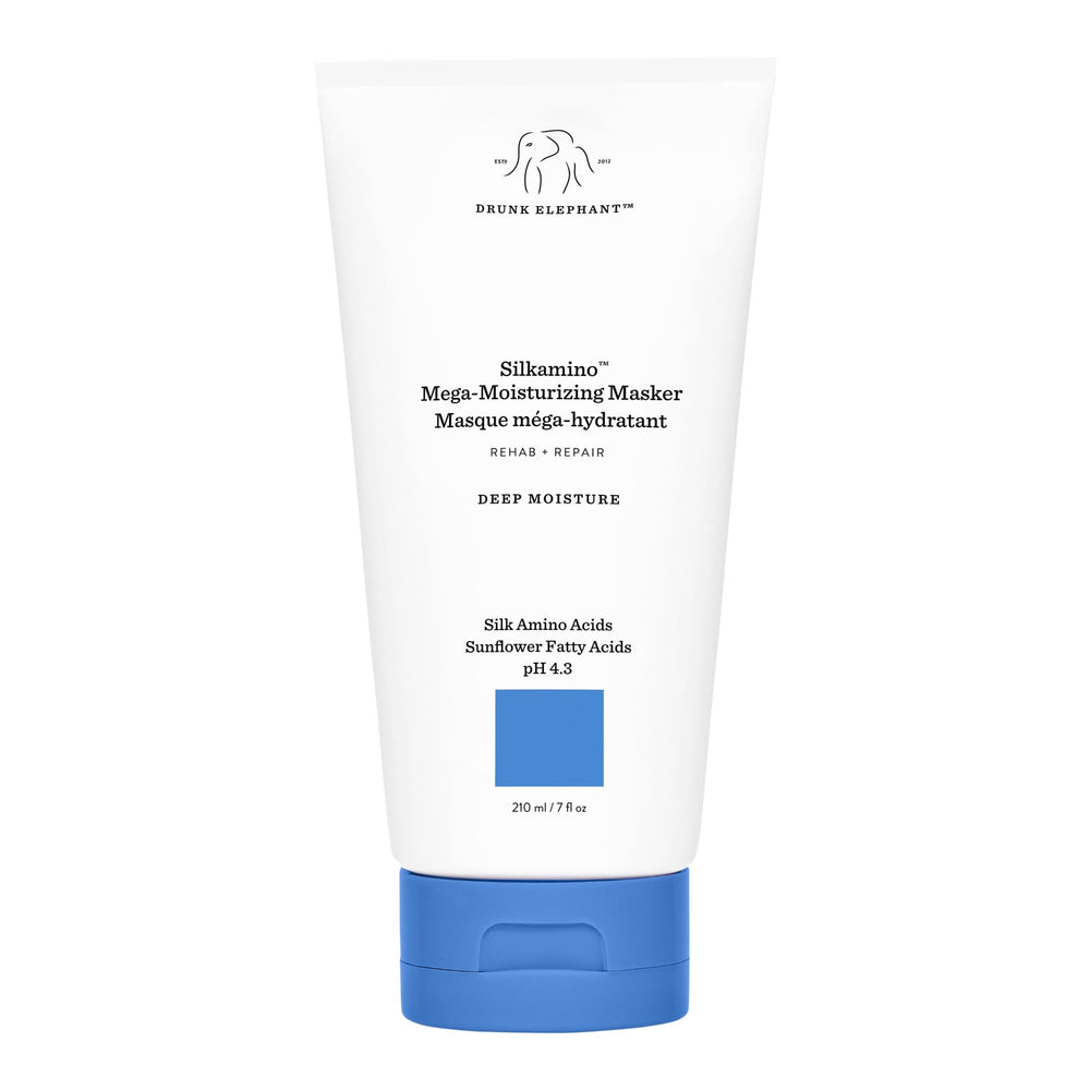 Drunk Elephant Silkamino Masker bottle close-up highlighting moisture boost.