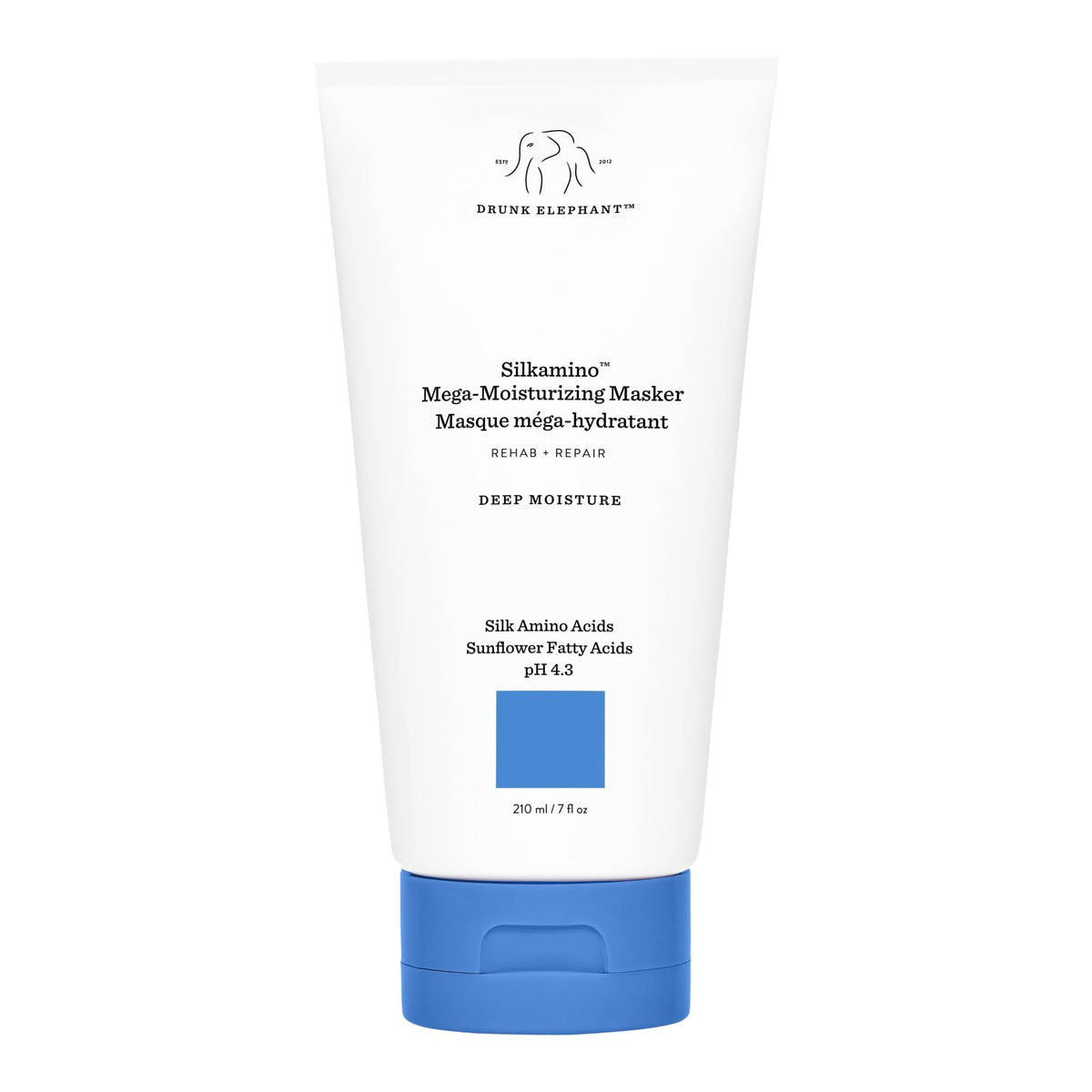 Drunk Elephant Silkamino Masker bottle close-up highlighting moisture boost.