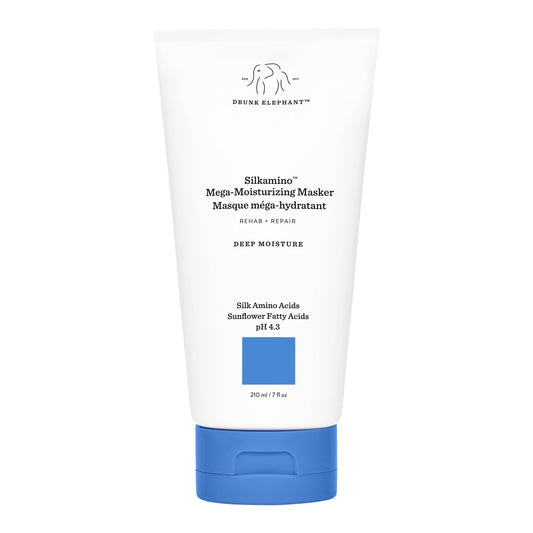 Drunk Elephant Silkamino Masker bottle close-up highlighting moisture boost.