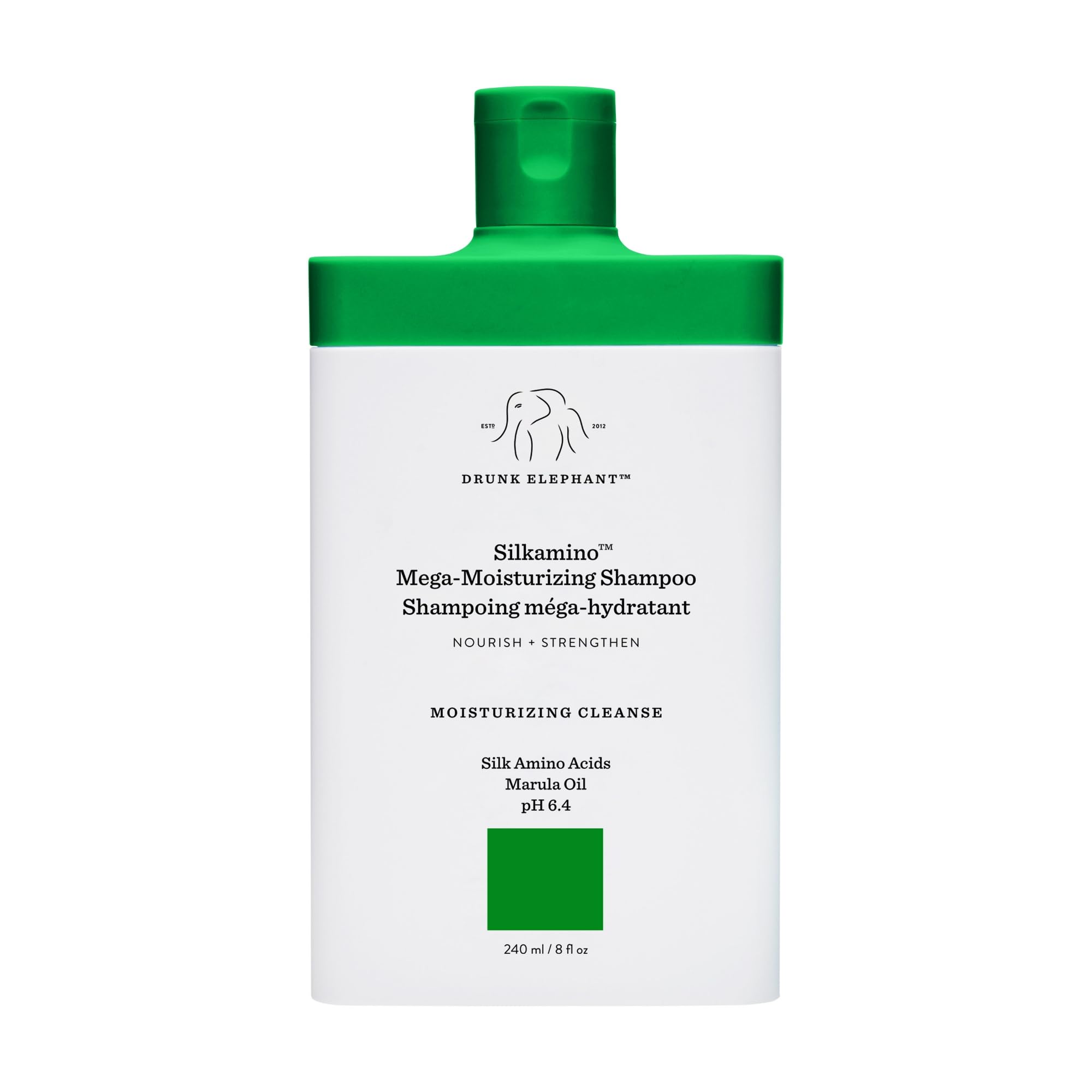 Drunk Elephant Silkamino bottle highlights silk amino acids for stronger, smoother hair.