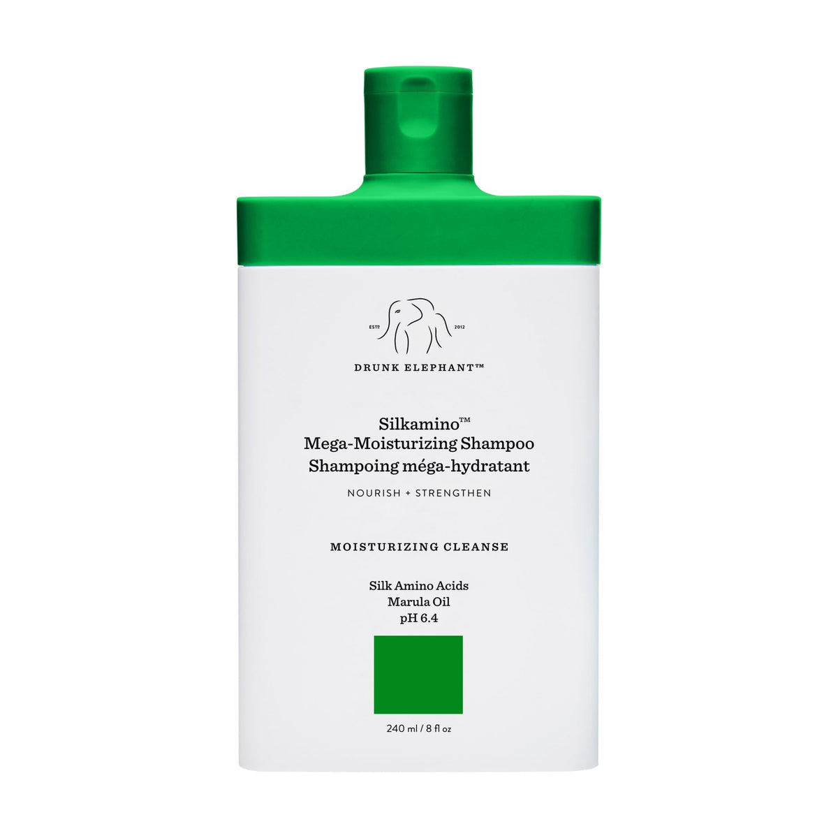 Drunk Elephant Silkamino bottle highlights silk amino acids for stronger, smoother hair.