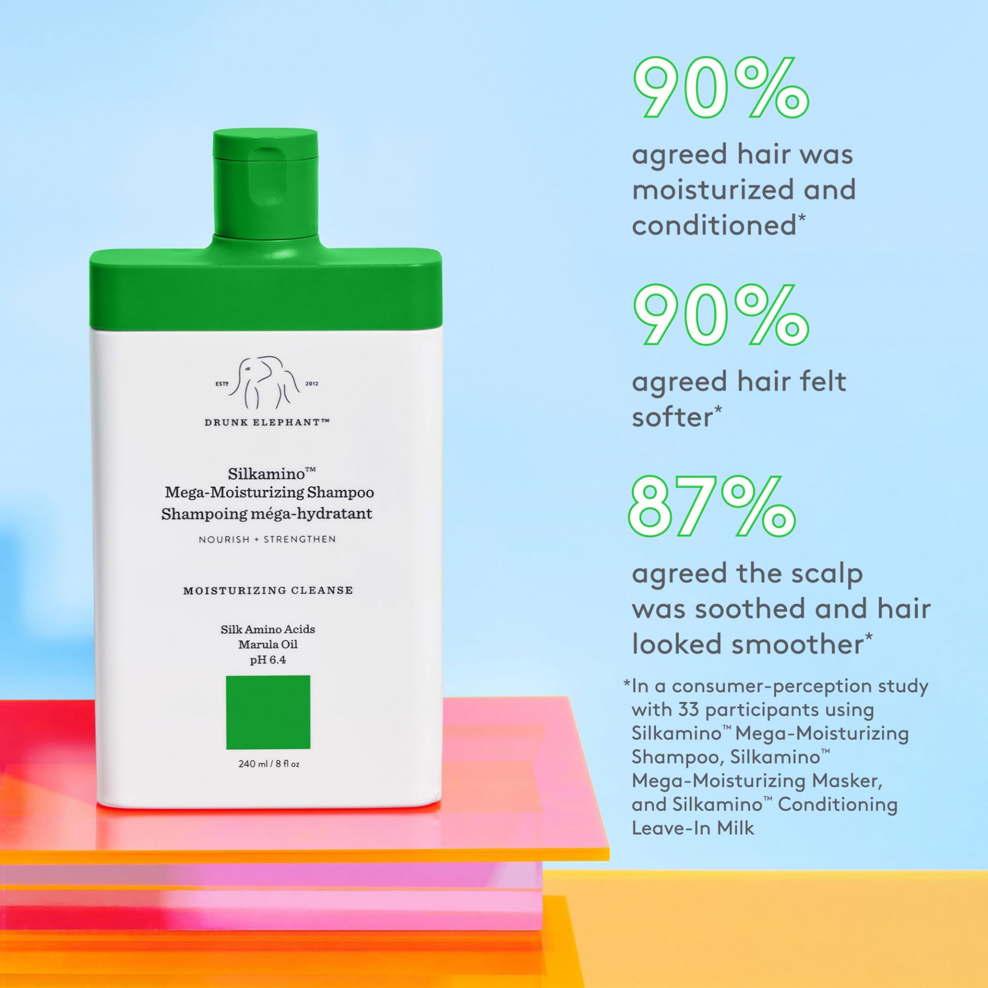 Close-up of silk amino acids, sericin, and marula oil key ingredients.