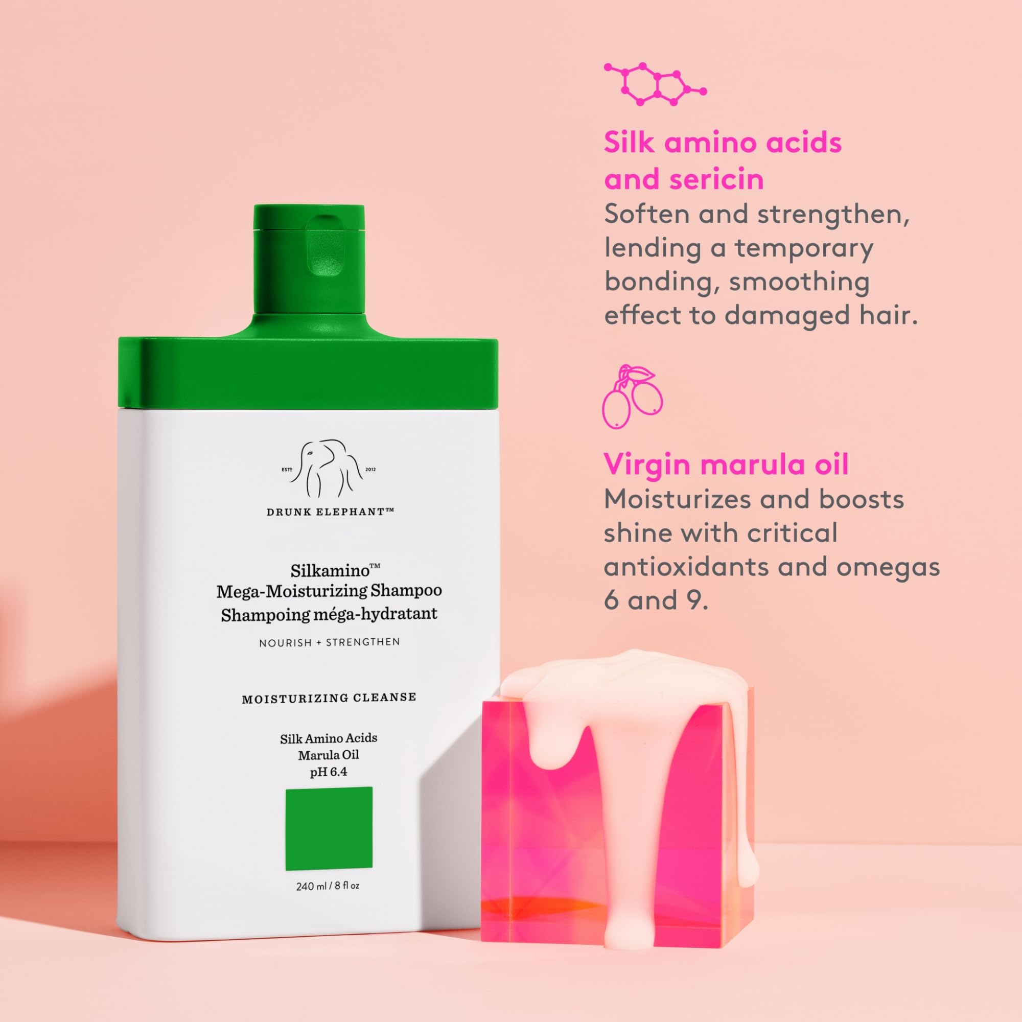 Luxurious creamy lather envelops hair, demonstrating moisture without residue.
