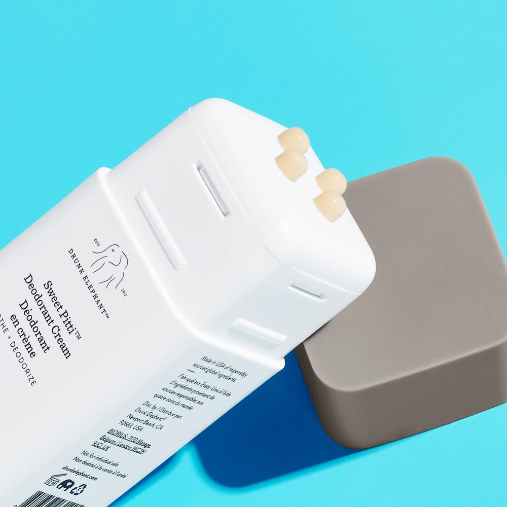 Drunk Elephant Sweet Pitti bottle and label highlighting baking soda-free formula