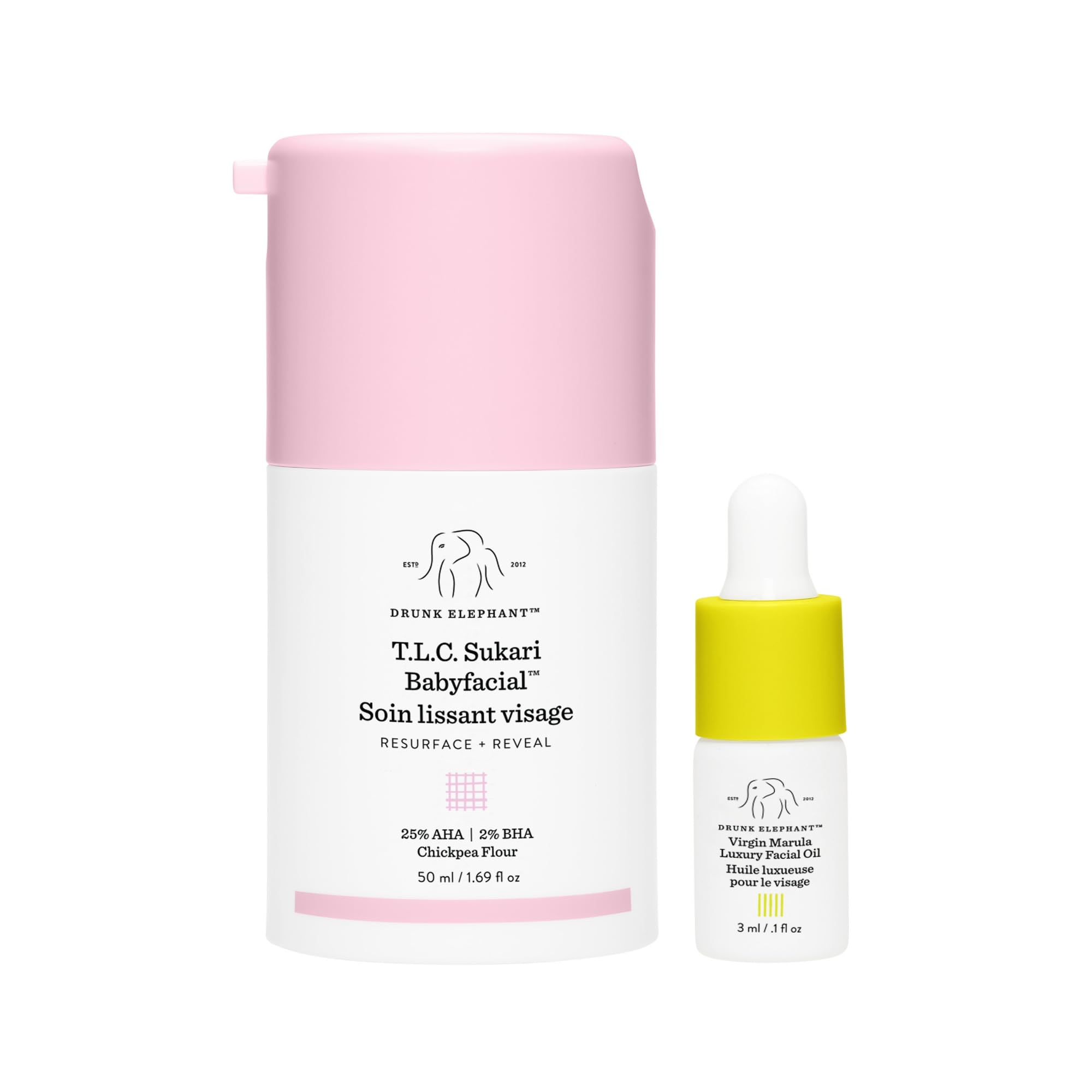 Drunk Elephant T.L.C. Sukari Babyfacial jar close-up for at-home exfoliation.