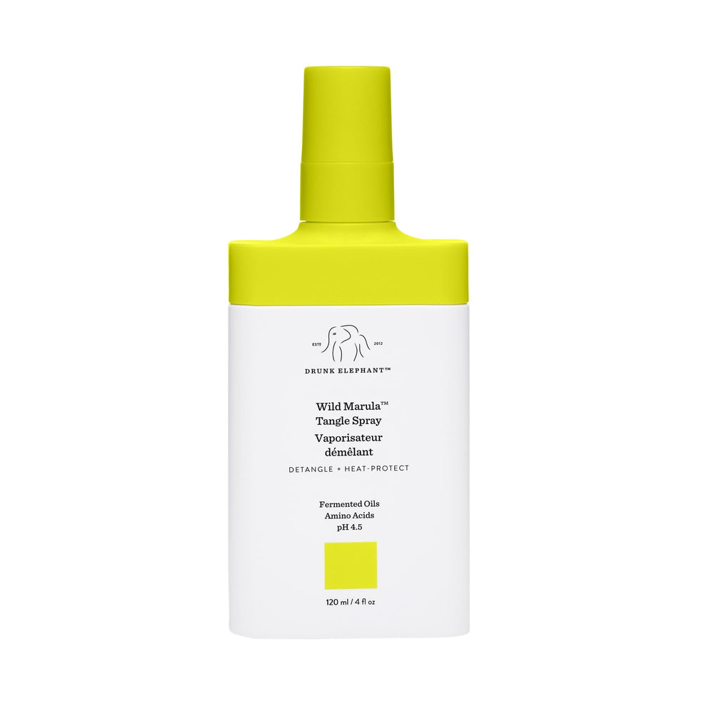 Drunk Elephant Wild Marula Tangle Spray bottle showing weightless detangling and shine