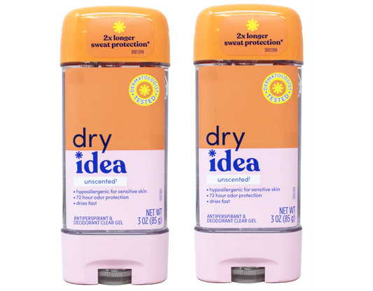 Dry Idea Advanced Dry Unscented bottle front offers fragrance-free sweat protection.