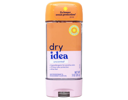 Dry Idea Advanced Dry Unscented cap off close-up shows fragrance-free antiperspirant.