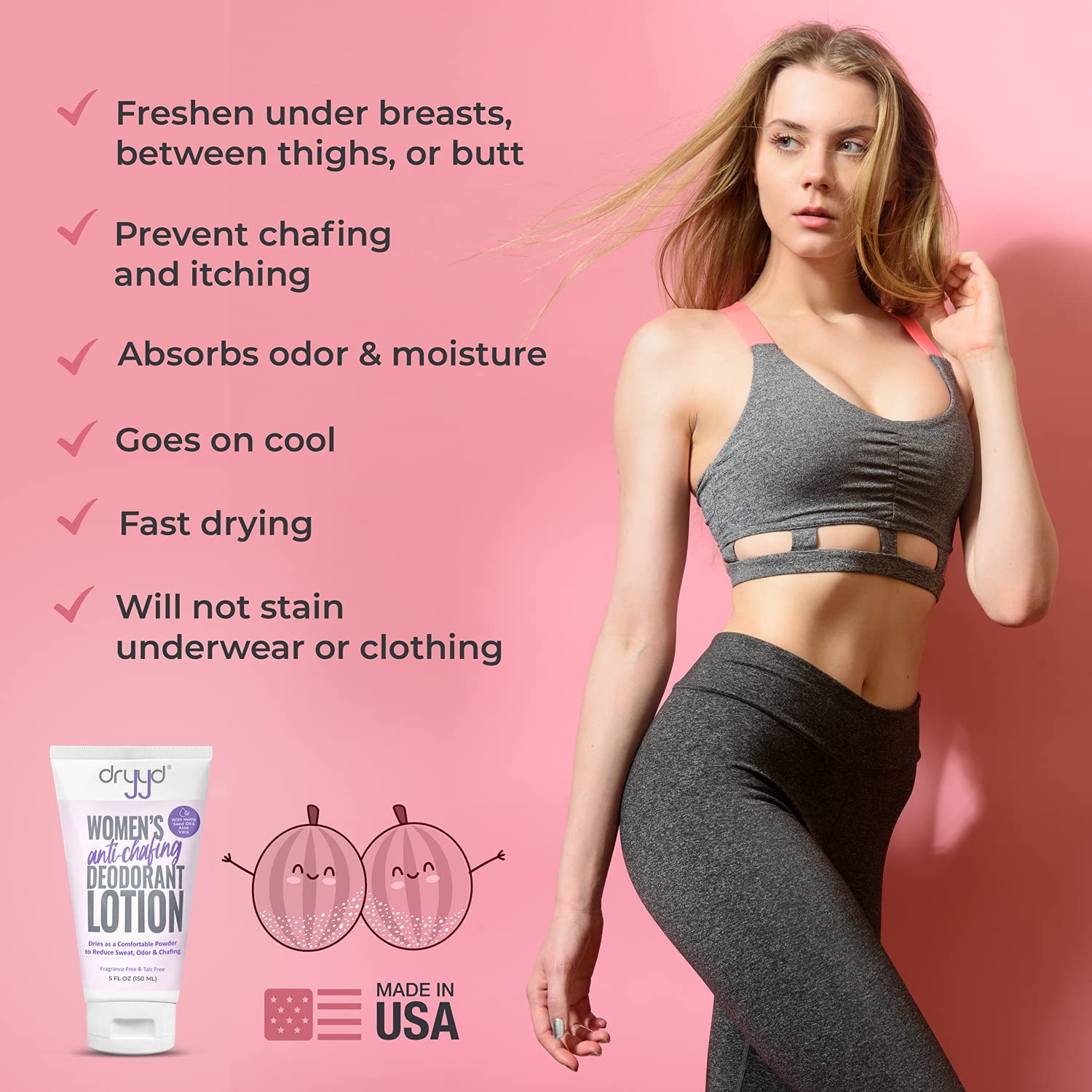 DRYYD cream on inner thigh area promotes sweat and chafe relief