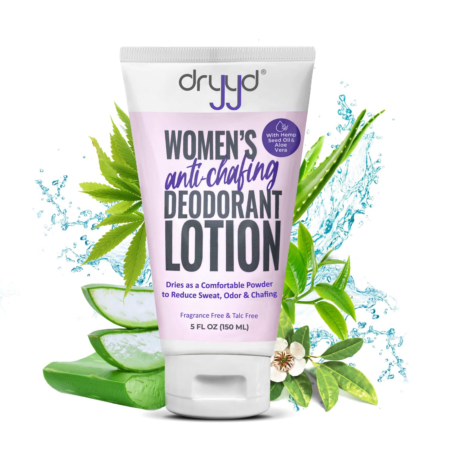 DRYYD deodorant lotion bottle provides talc-free protection for all-day comfort