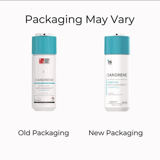DS Labs Dandrene label close-up highlights gentle, scalp-friendly ingredients aiding flakes reduction