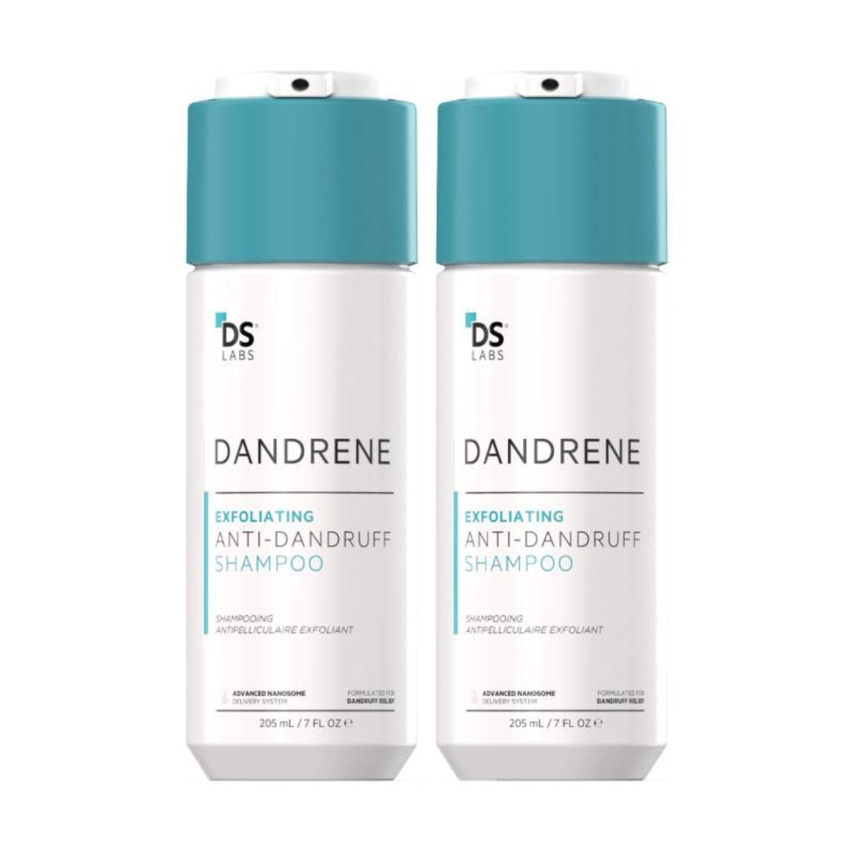 DS Labs Dandrene shampoo bottle front view shows color-safe, sulfate-free formula for a healthy scalp