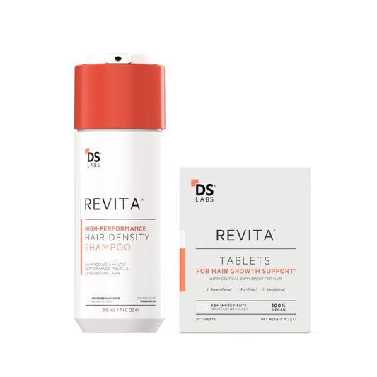 DS Laboratories Revita Shampoo bottle highlighting caffeine and biotin for fuller-looking hair.