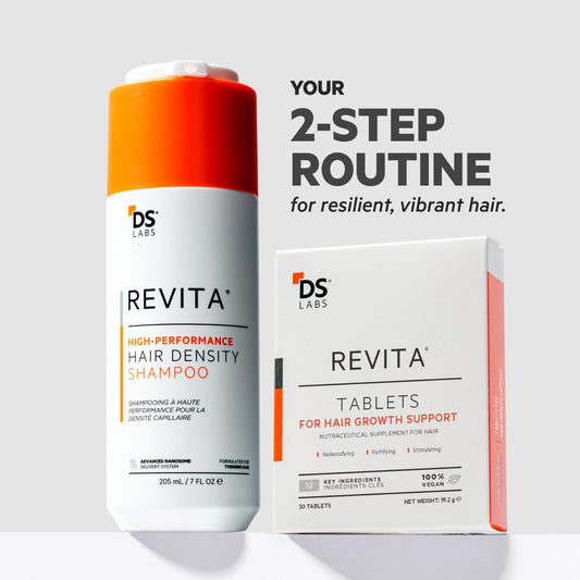 DS Laboratories Revita Tablets pack emphasizing daily support for healthier hair appearance.