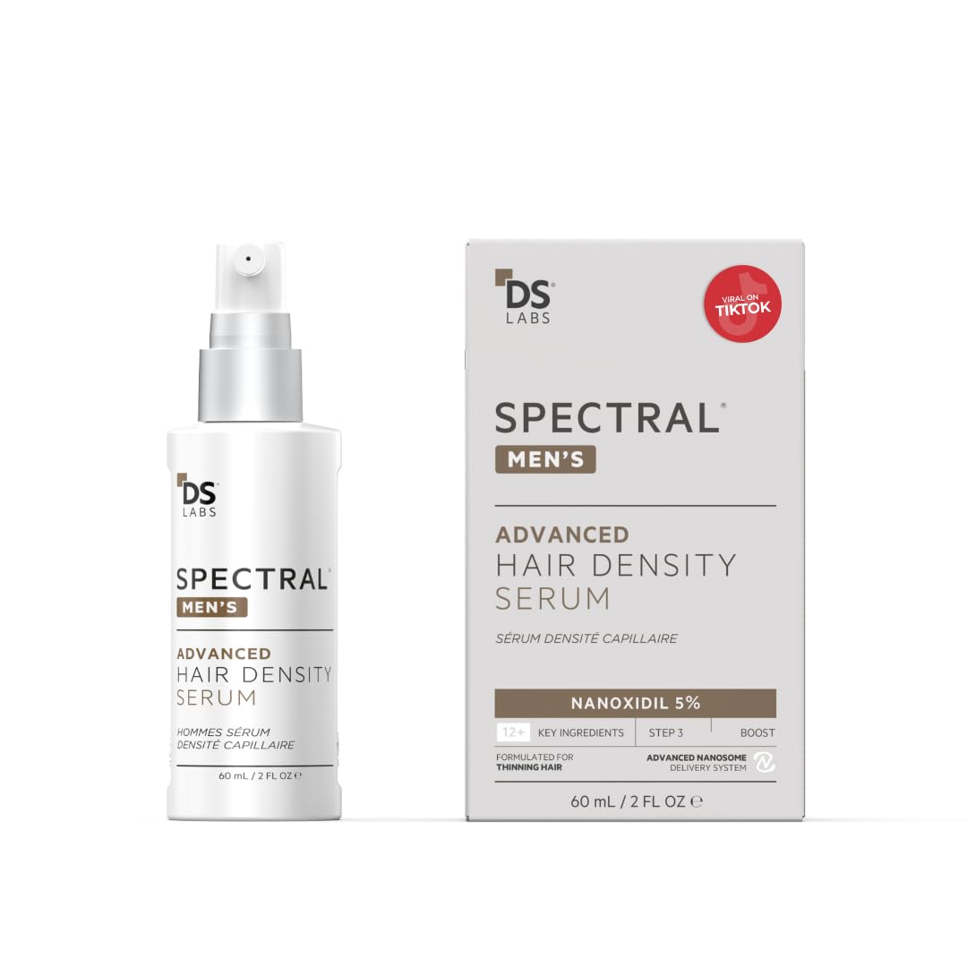 DS Laboratories Spectral Men’s Hair Density Serum bottle closeup for fuller-looking hair.