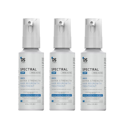 DS Laboratories Spectral.UHP 5% Minoxidil spray applied to crown area for a fuller look.