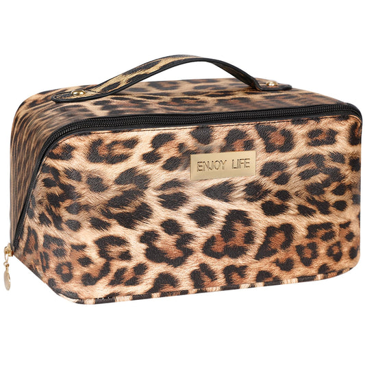 DSDCDJ leopard travel makeup bag open-flat view for quick access to cosmetics