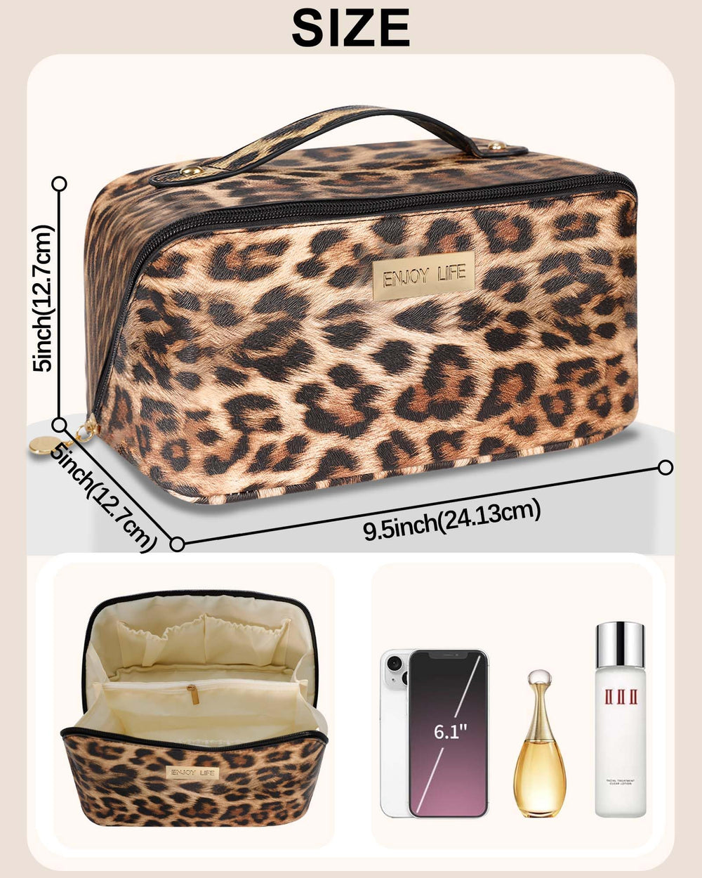 DSDCDJ leopard travel makeup bag side view highlighting sturdy zipper and construction