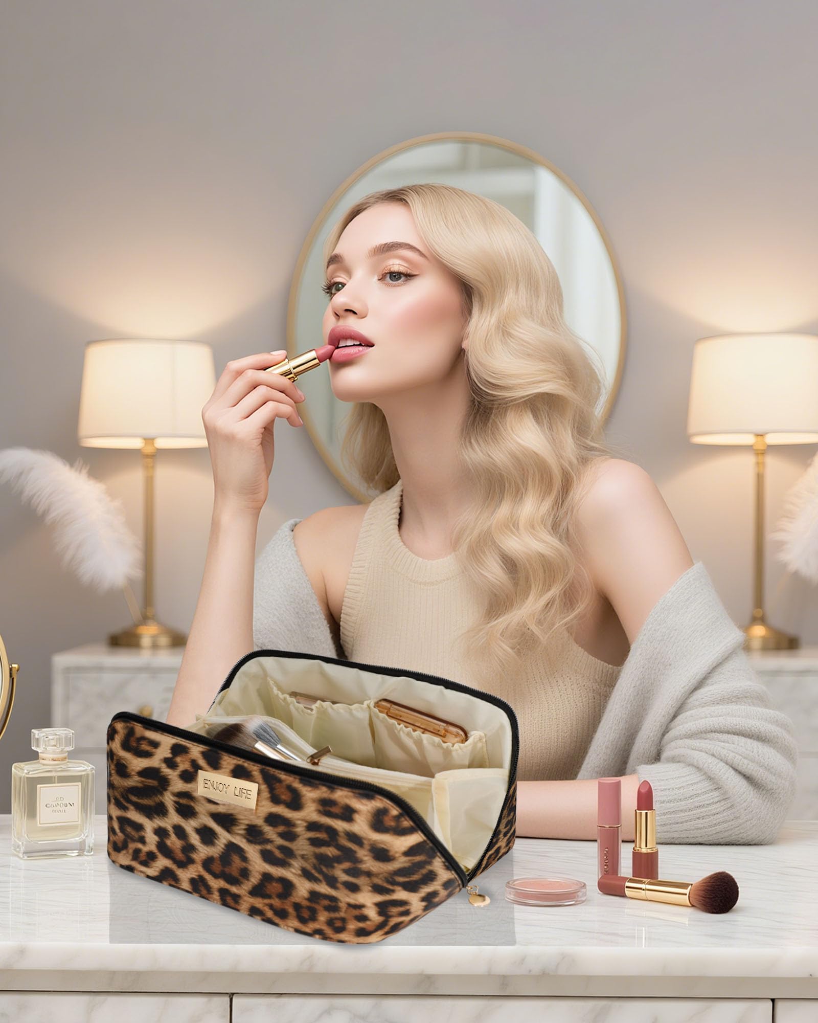 DSDCDJ leopard travel makeup bag top-down view showing compact design