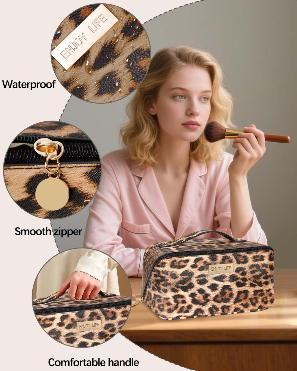 DSDCDJ leopard travel makeup bag top handle for easy carrying on trips
