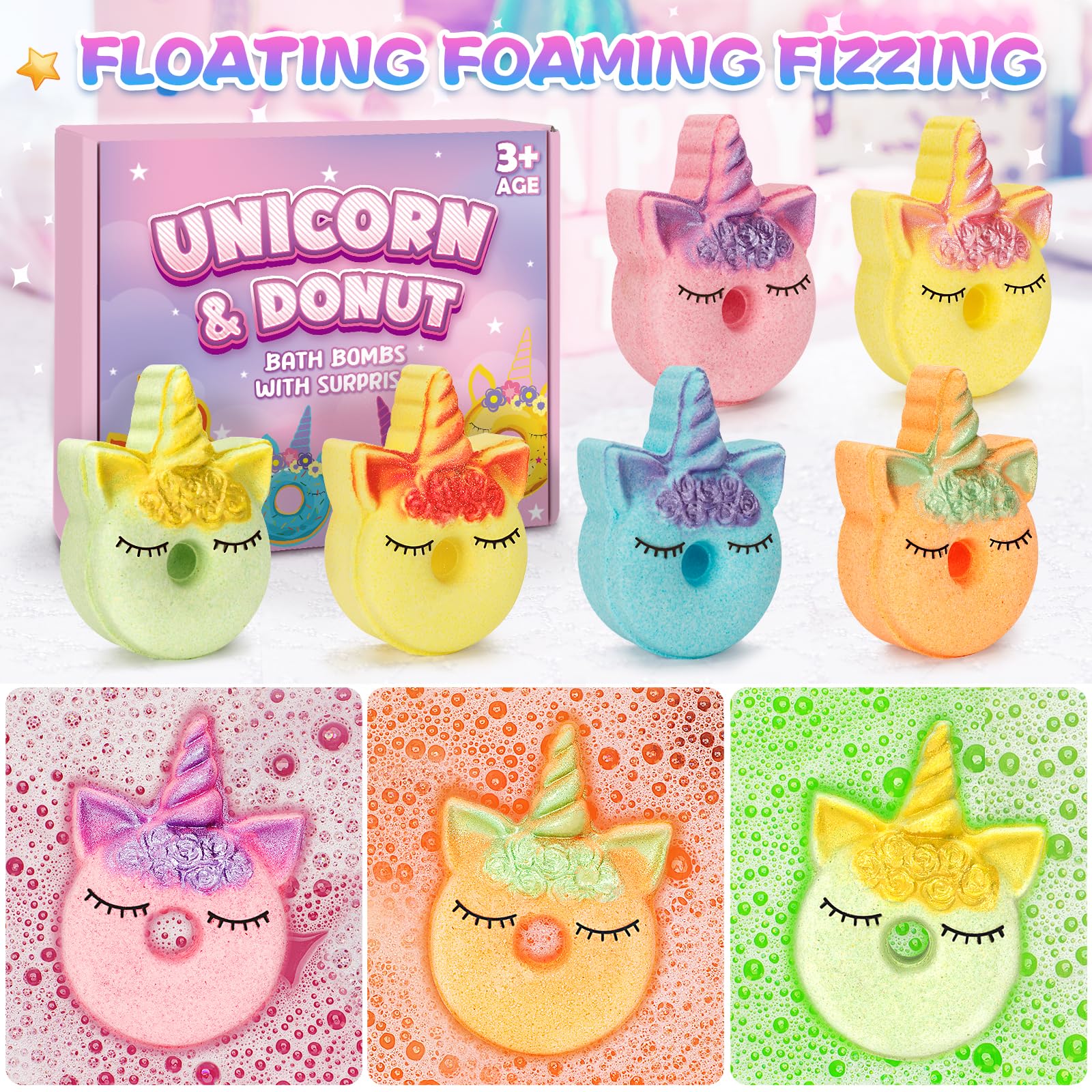 Duchong unicorn donut bath bomb fizzing close-up with colorful bubbles in tub
