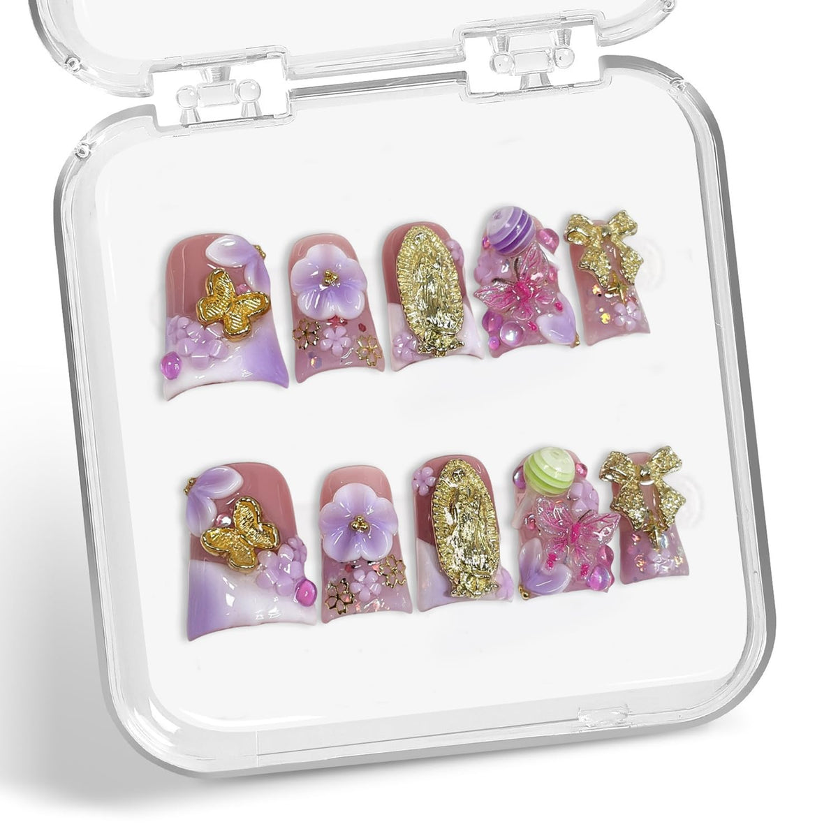 Duck handmade press-on nails in purple-white gradient with 3D flower and lollipop design for chic flair.