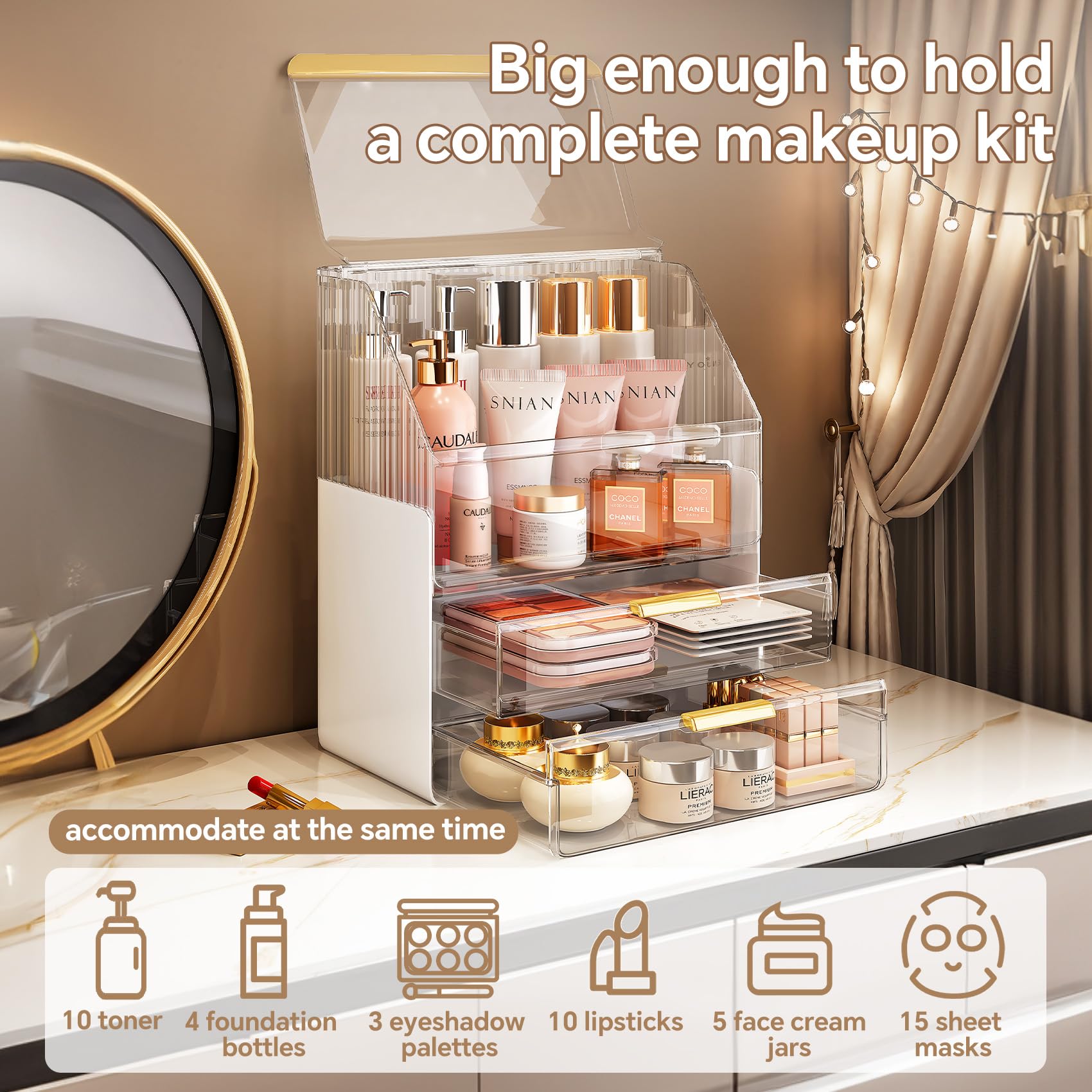 Ducoak 3-tier vanity organizer highlights your routine items at a glance.