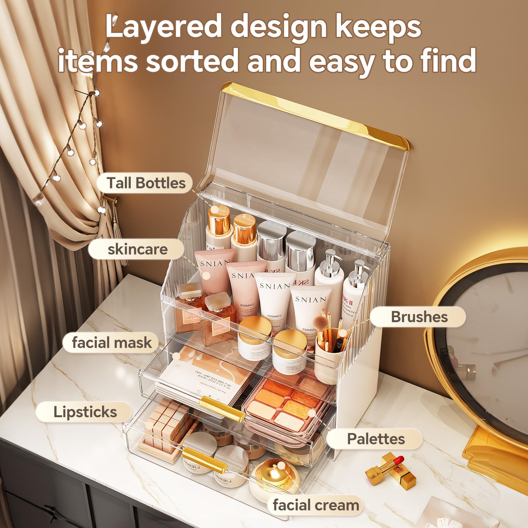 Ducoak clear PET makeup storage reveals colors and levels instantly.