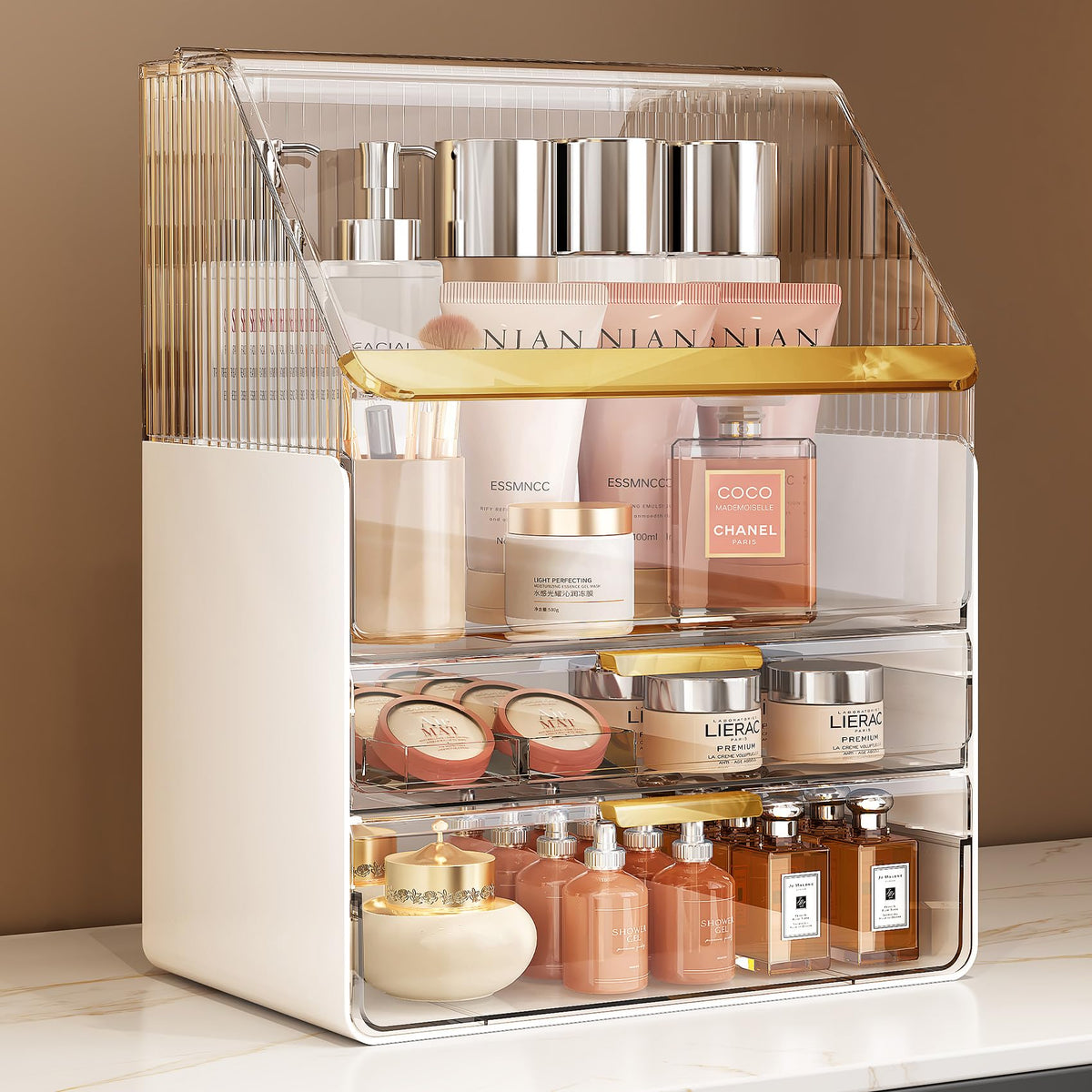 Ducoak makeup organizer countertop with lid keeps cosmetics visible and within reach.