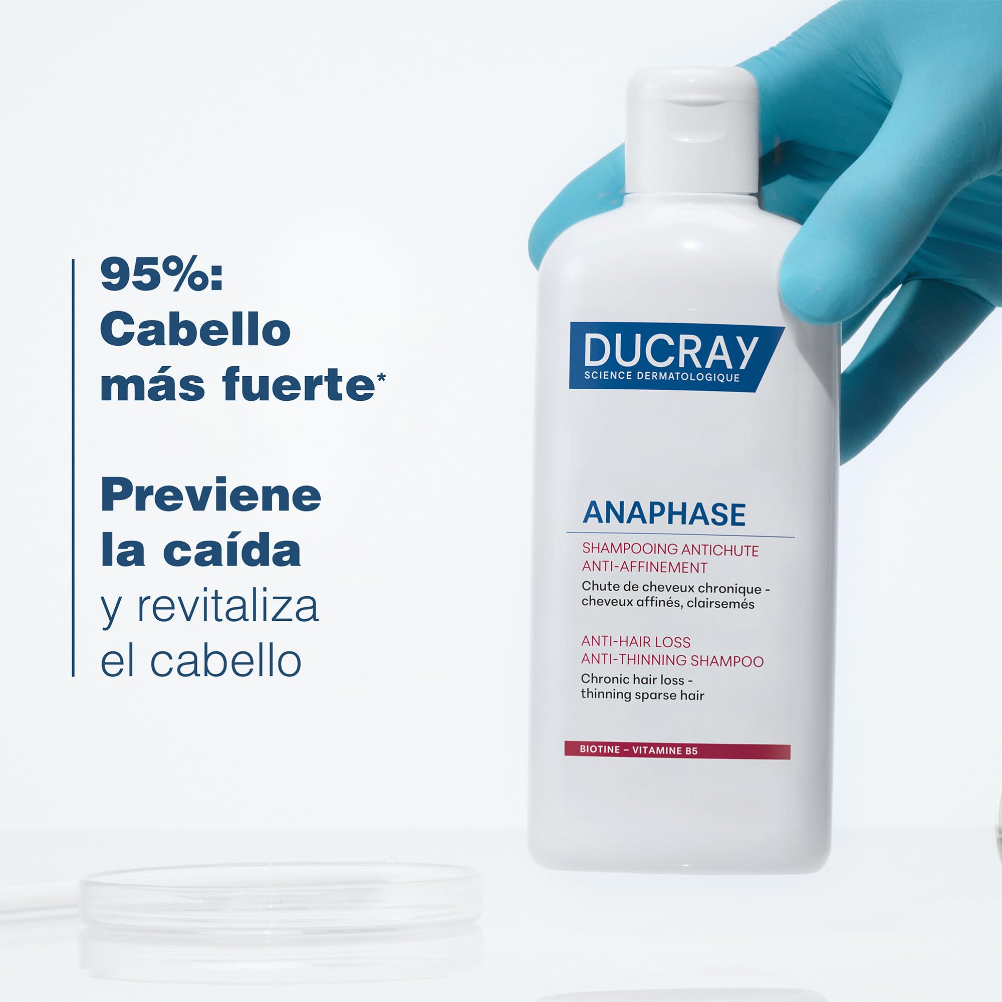 Ducray Anaphase+ shampoo pour demonstrating quick rinse, gentle cleanse for frequent use.