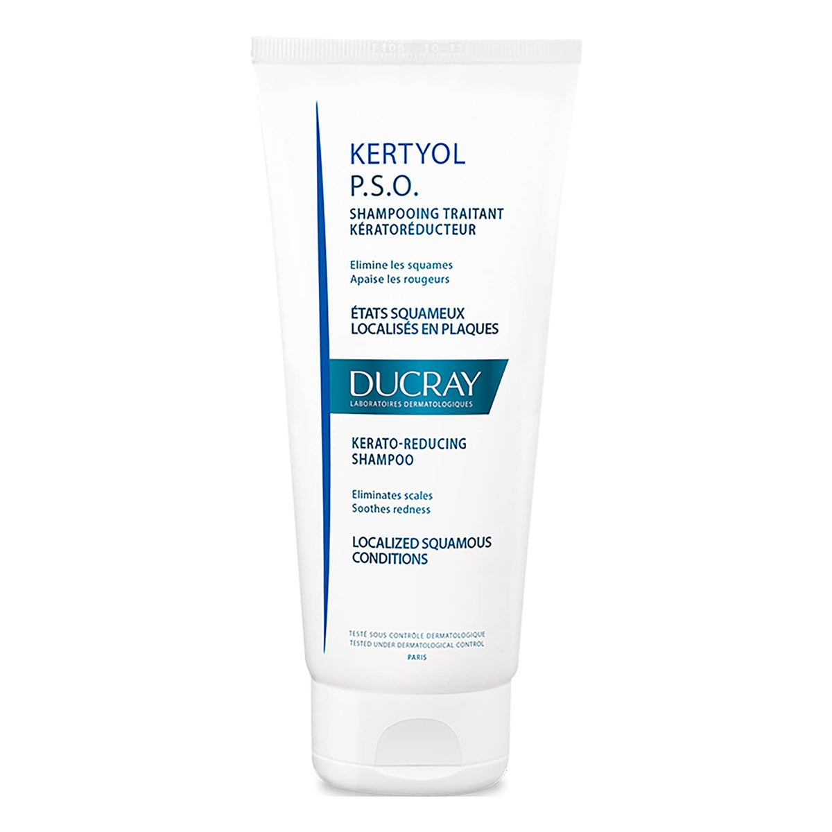 Ducray Kertyol P.S.O. shampoo bottle on counter soothing scalp