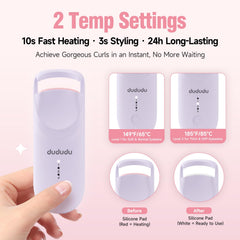 DUDUDU heated eyelash curler in hand with ergonomic grip and precise control