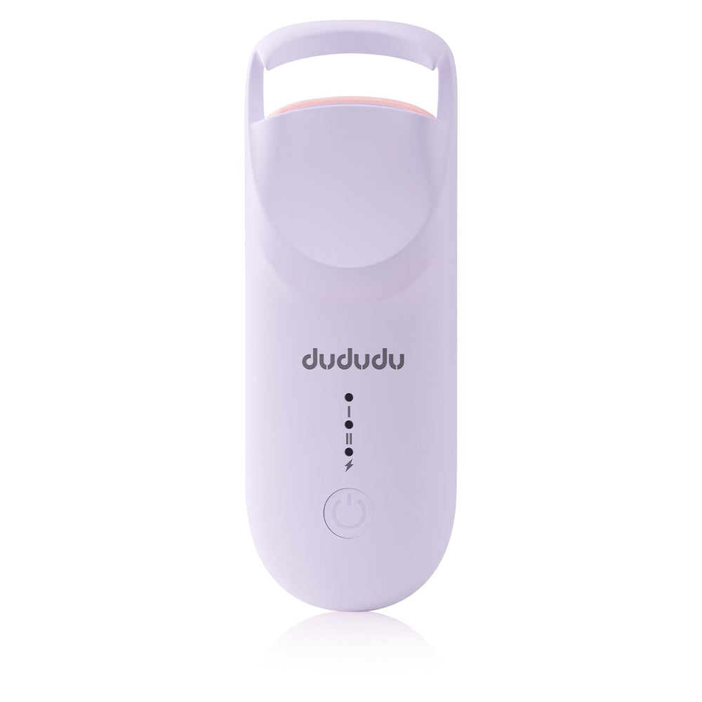 DUDUDU heated eyelash curler top view shows compact travel design for curling on the go