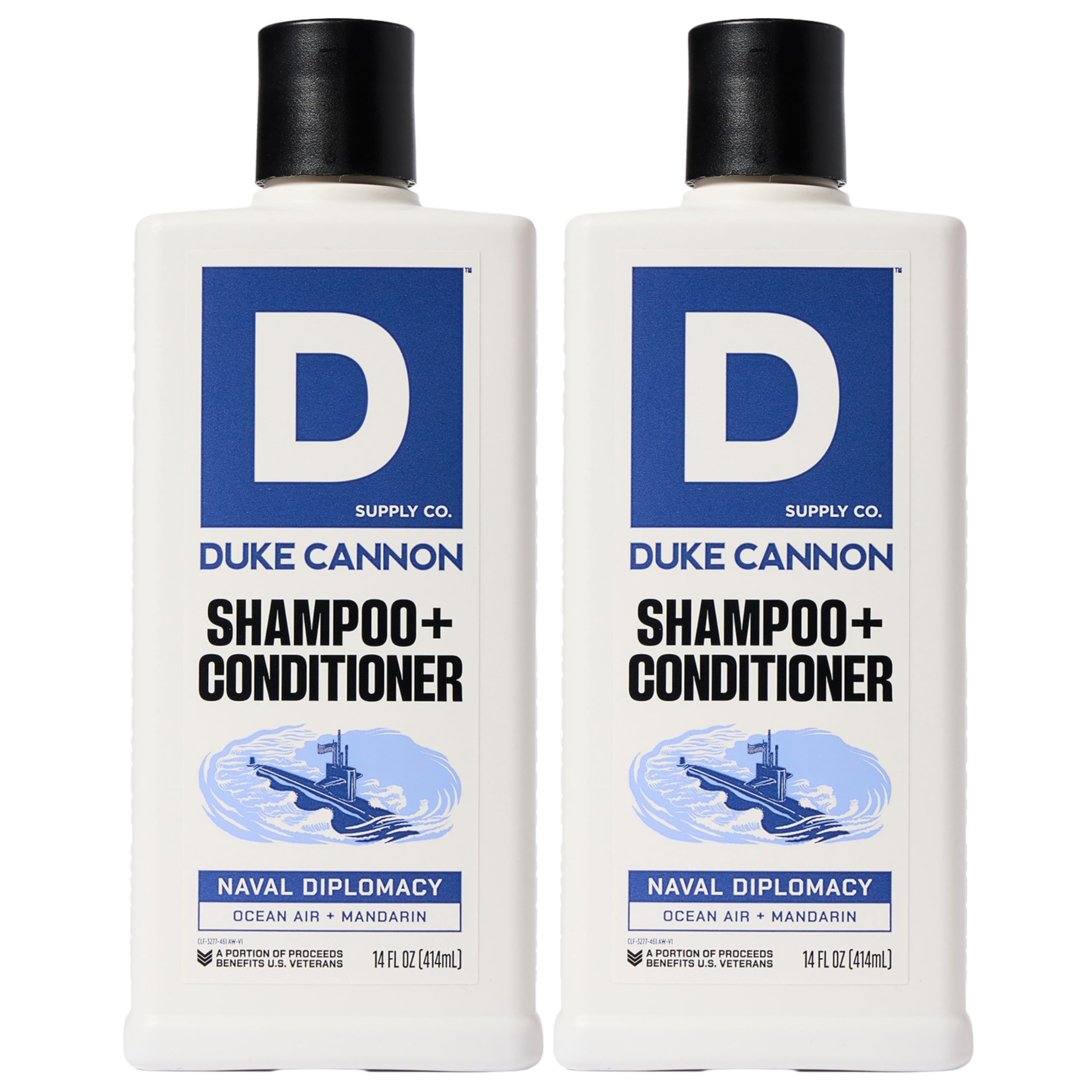 Duke Cannon 2-in-1 Hair Wash Naval Diplomacy bottle for quick daily cleansing