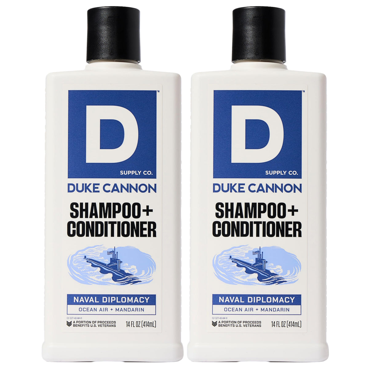 Duke Cannon 2-in-1 Hair Wash Naval Diplomacy bottle for quick daily cleansing