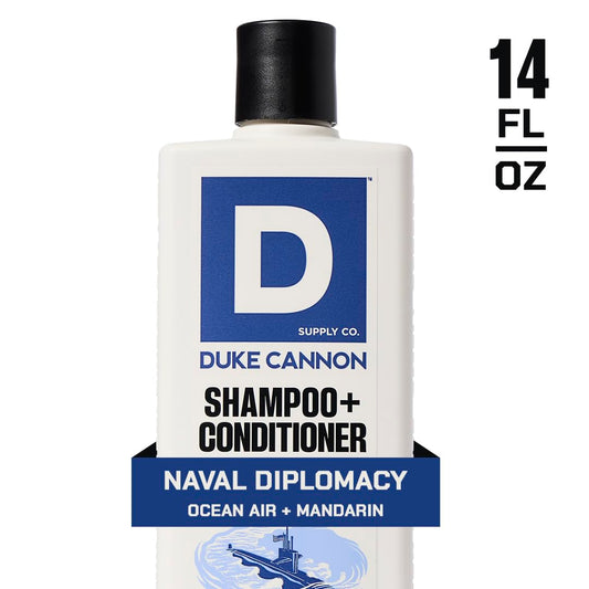 Duke Cannon 2-in-1 Hair Wash Naval Diplomacy label highlighting premium formula and scent