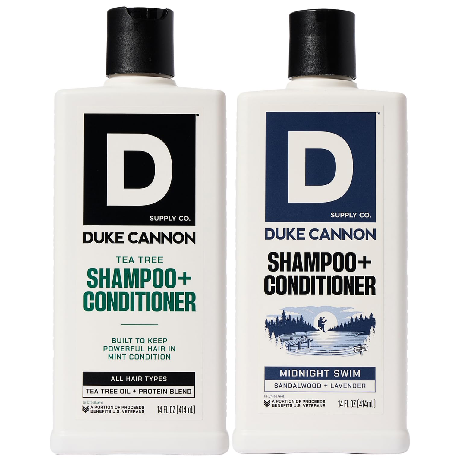 Duke Cannon 2-in-1 Tea Tree bottle shows refreshed scalp and clean hair.