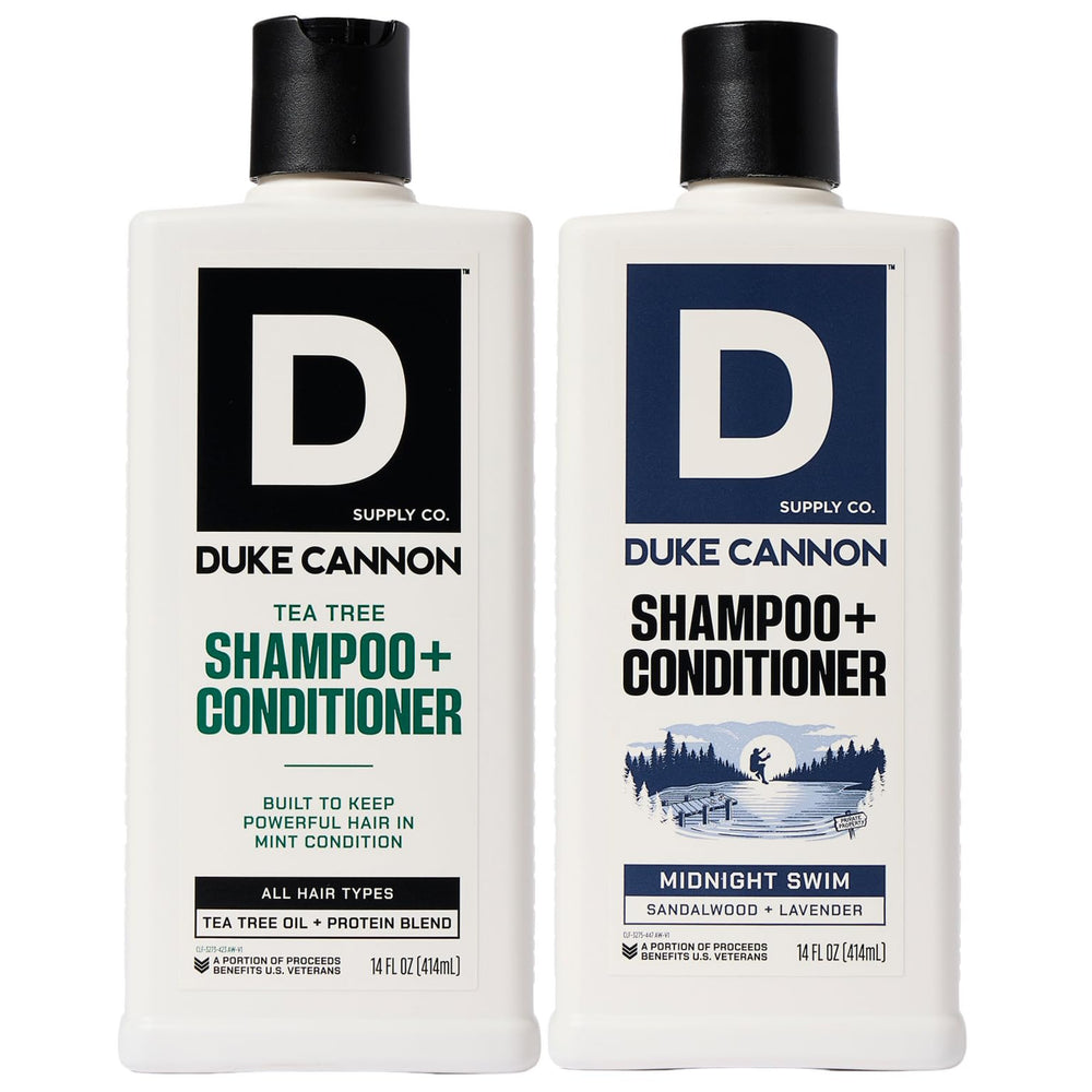 Duke Cannon 2-in-1 Tea Tree bottle shows refreshed scalp and clean hair.