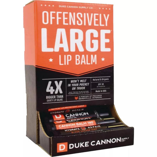 Duke Cannon Balm 140° lip protectant tube ready for outdoor SPF 30 protection.