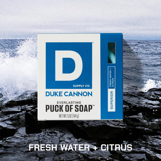 Duke Cannon Buck Moon scent soap puck delivers rugged wilderness vibe and moisturizes skin.