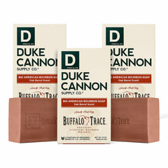 Duke Cannon Big American Bourbon soap bar packaging highlights rugged branding for daily grooming.