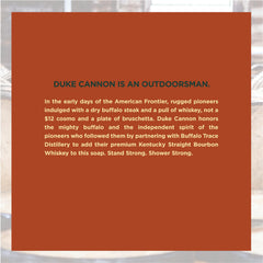 Duke Cannon Big American Bourbon soap bar woodsy scent evokes oak barrel warmth after shower.