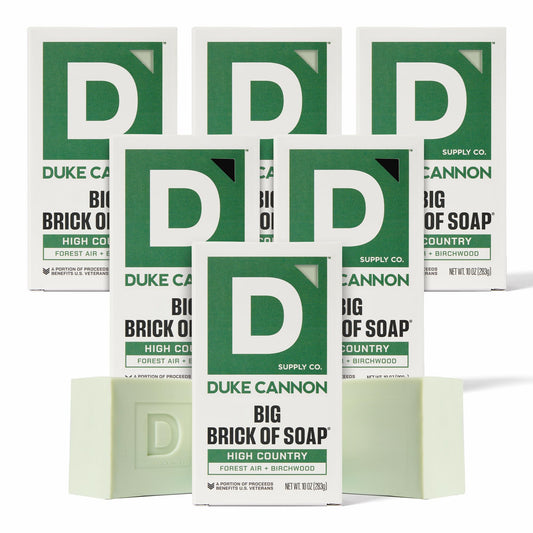 Duke Cannon Big Brick High Country 6-pack hero image with rugged packaging and bold branding.