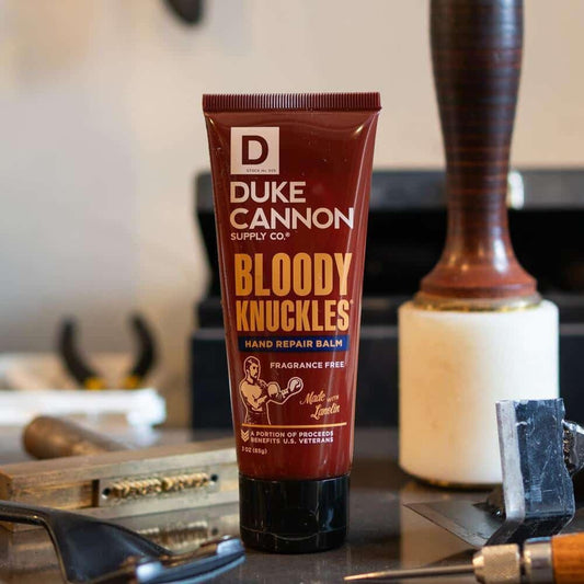 Duke Cannon Bloody Knuckles balm unscented formula keeps hands neutral-smelling.