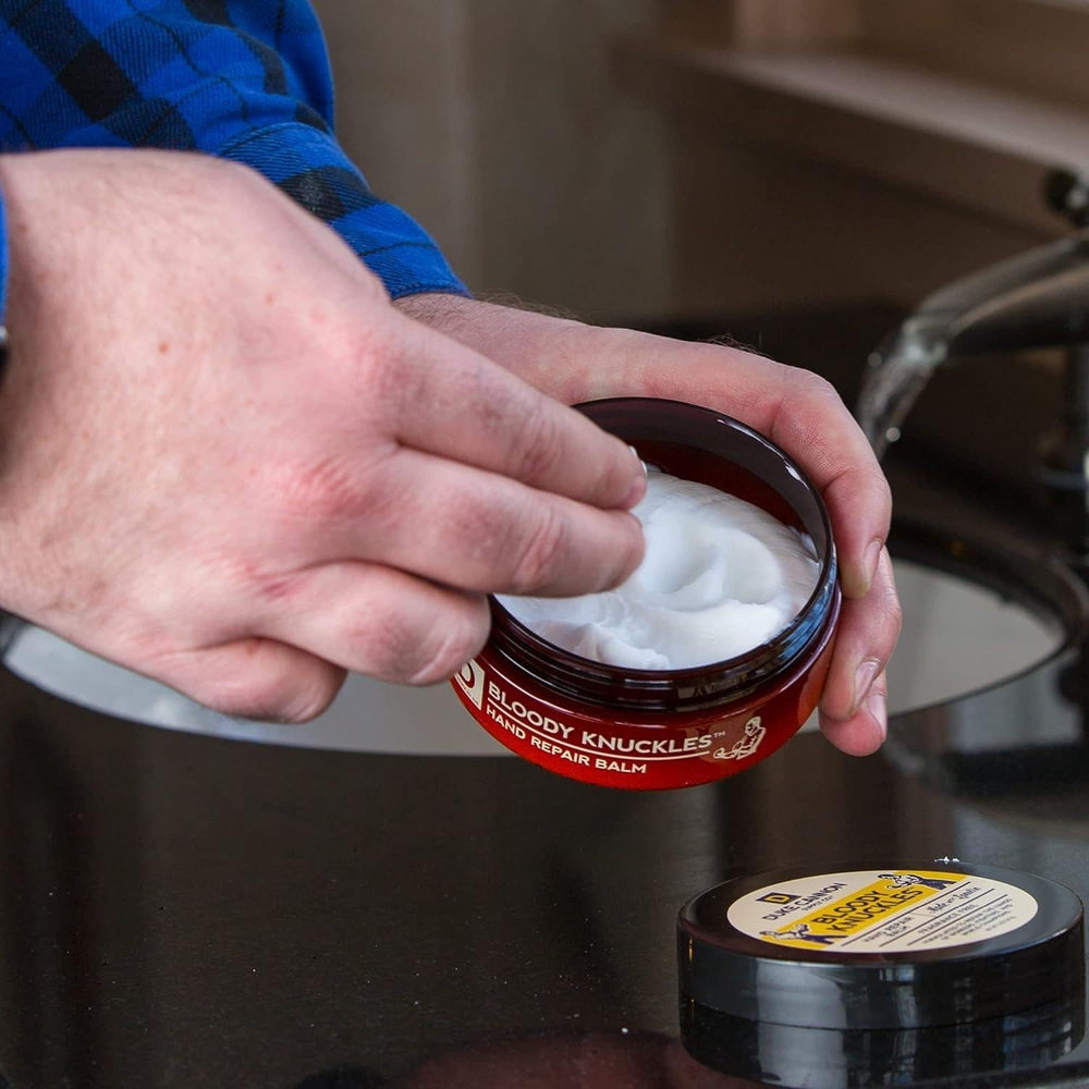 Duke Cannon Bloody Knuckles lanolin-rich formula nourishes rough skin.