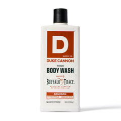 Duke Cannon bottle label closeup shows USA-made quality.